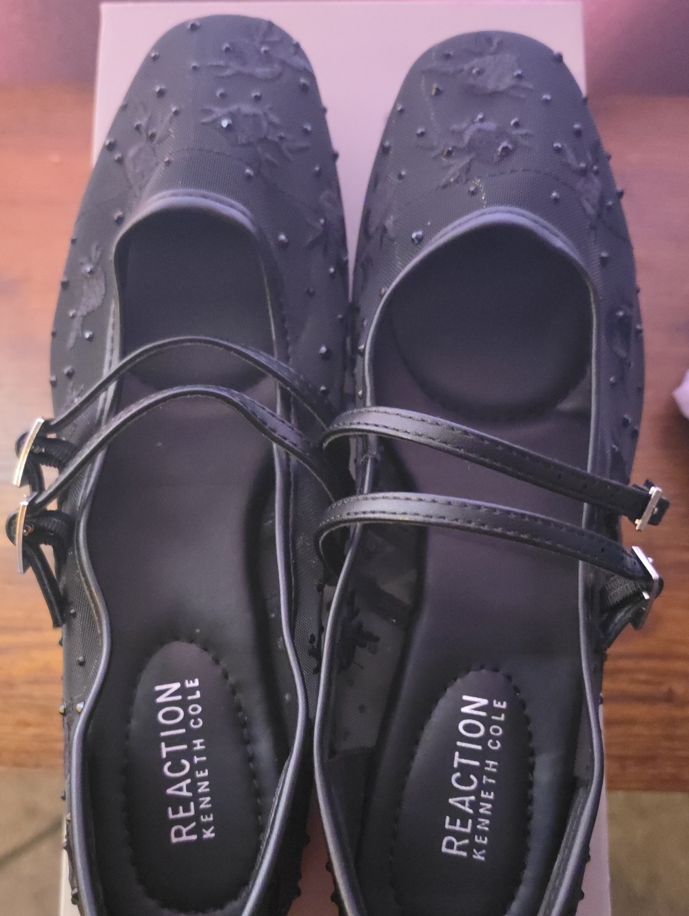 Kenneth Cole Reaction Black Embellished Double-Strap Mary Janes